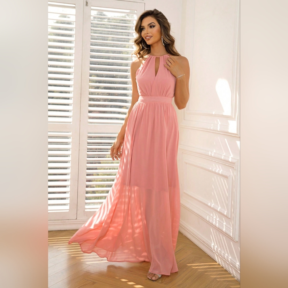 Grecian Cut-Out Surplice High-Neck Tie Sleeveless Empire Waist Maxi Dress